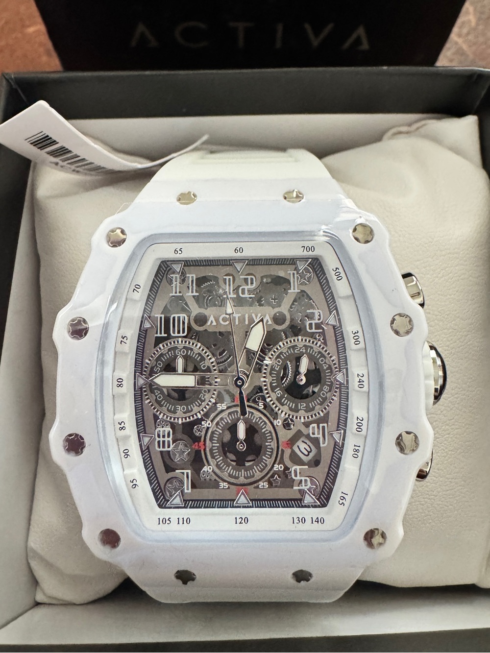 Activa White Skeleton Dial Watch Oversized Silicone Strap New in Box